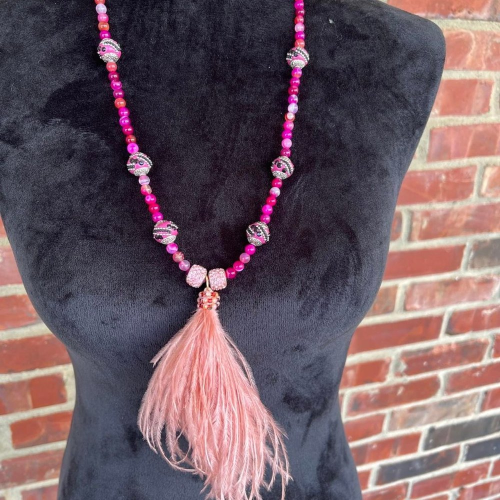 Flapper Style Pink and Black Necklace with Feather Pendant